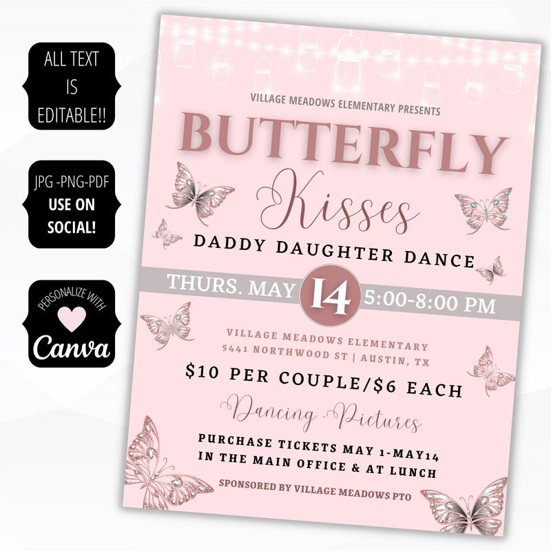 editable printable butterfly kisses themed school dance flyer sign set digital download
