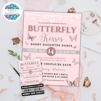 butterfly kisses dance theme flyer and ticket with decor