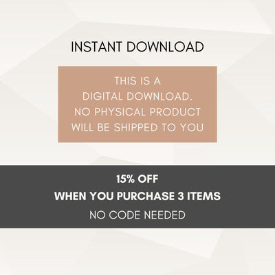 Promotional text about digital download, no physical product shipped, and a discount offer on a light gray background.