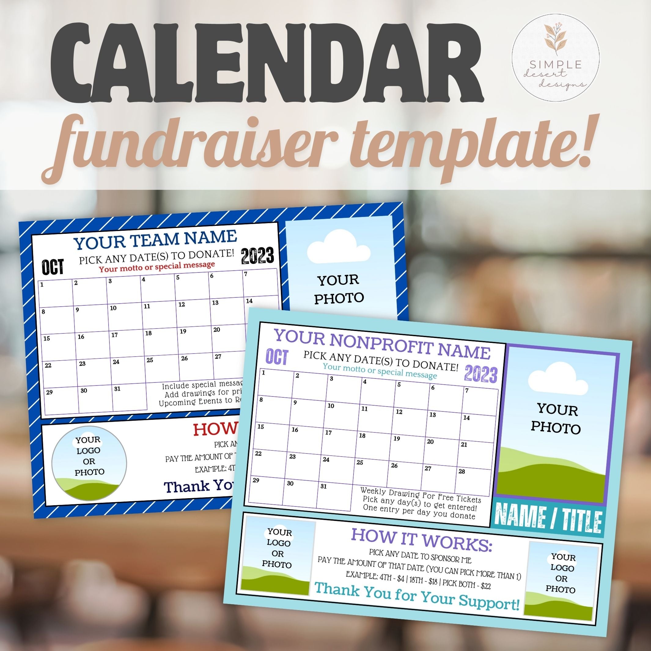 Calendar fundraiser template with placeholders for team name, photo, nonprofit name, dates, and contact information.