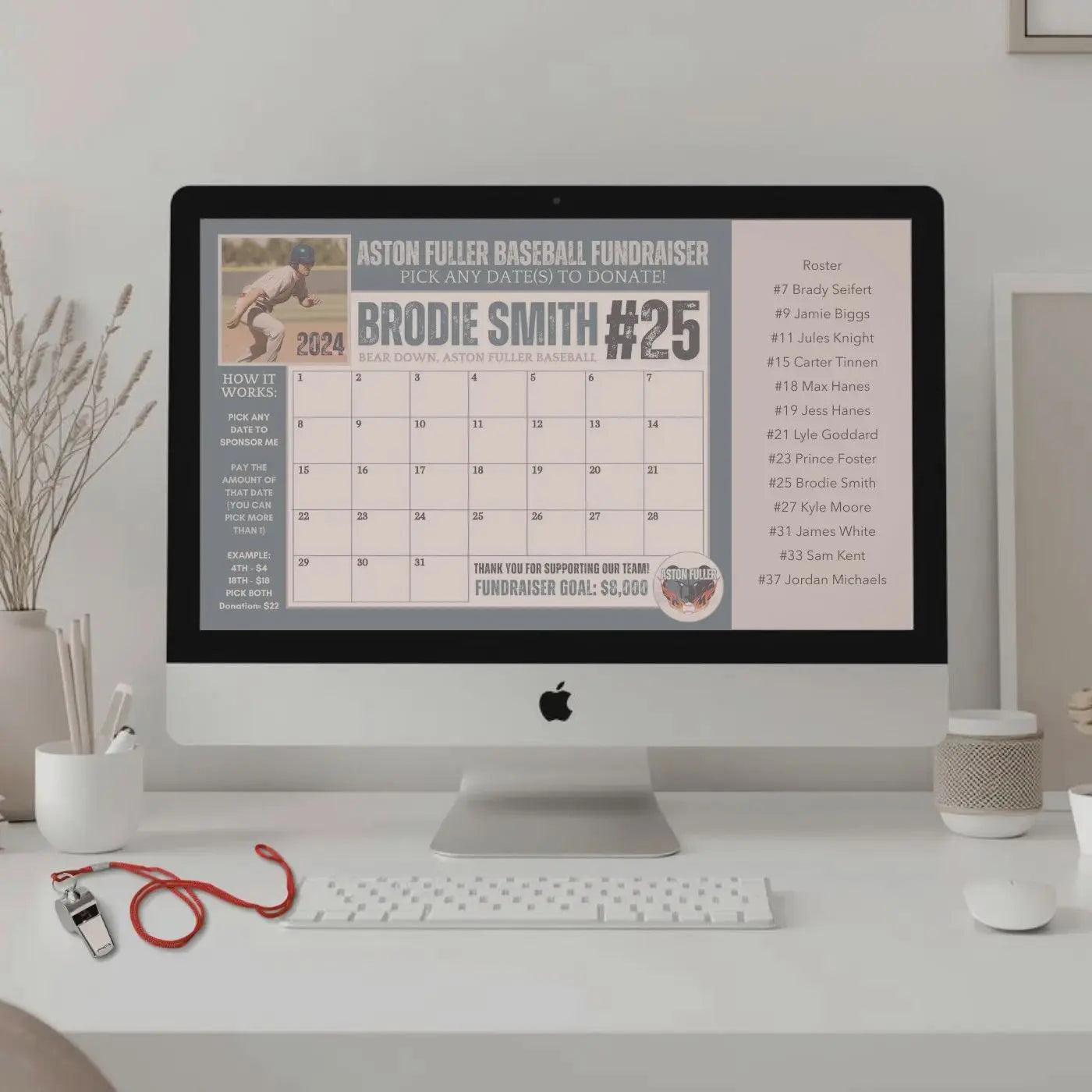 Computer screen displaying a fundraising calendar for a baseball player, on a computer representing a collection of editable calendar fundraiser templates by Simple Desert Designs.