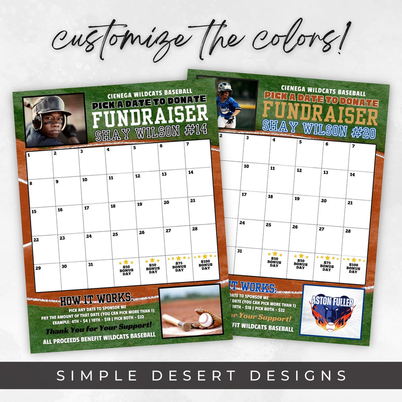 customizable cash calendar fundraiser for baseball teams with space for 2 images or logo