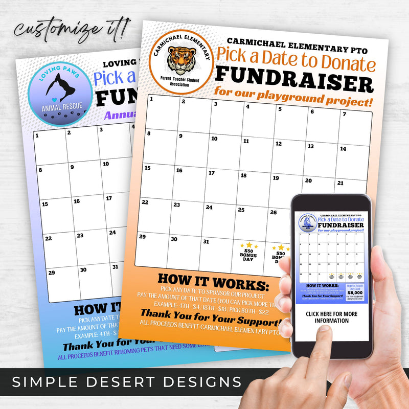 fully customizable calendar fundraiser template for any school or charity fundraising event