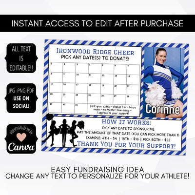 Cheerleading fundraising calendar with editable text and Canva branding