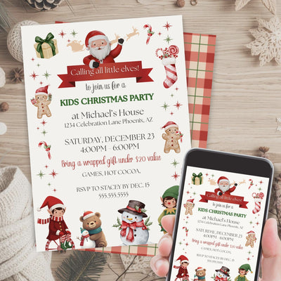 Christmas party invitation with Santa Claus and elves on a wooden surface printed and on cell phone in woman's hand.