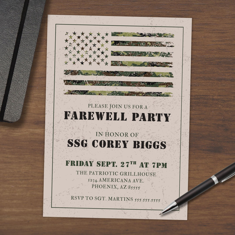 Farewell party invitation with American flag design on a wooden surface with a pen.