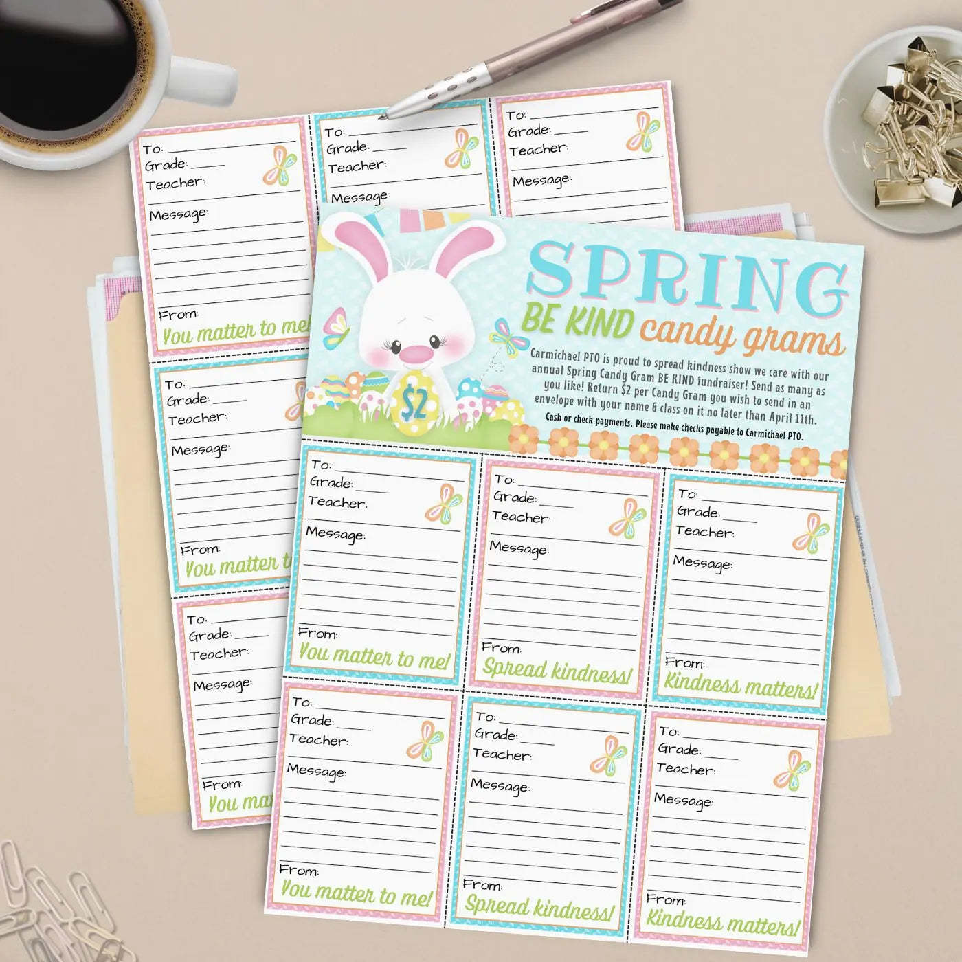 Colorful spring-themed candy gram printables on a beige surface with a cup of coffee representing editable candy gram fundraiser templates for school PTOs and charity fundraising events for churches.