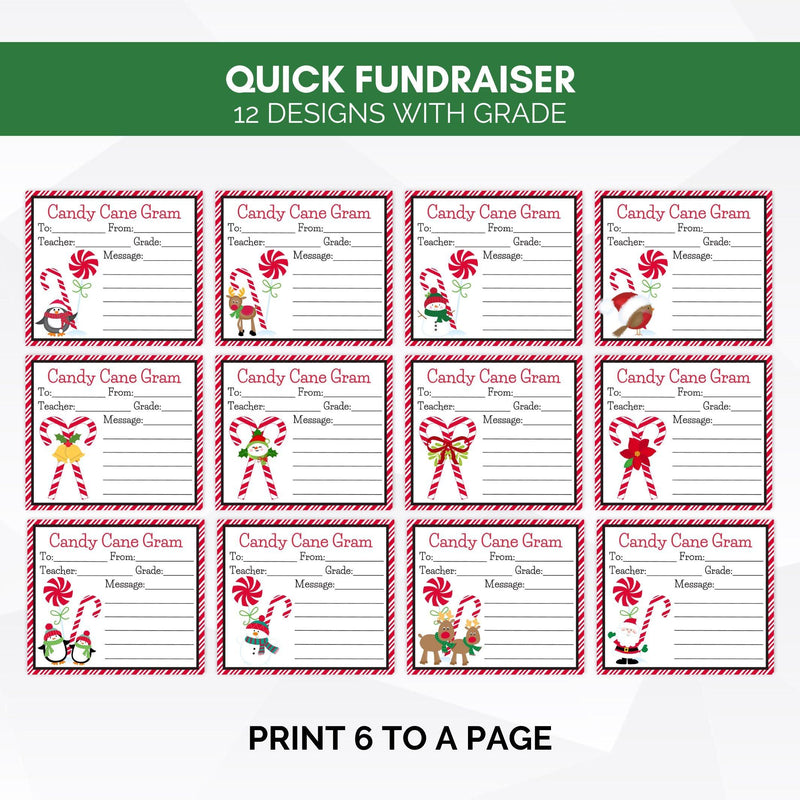 holiday candy grams school pto pta fundraiser tags with cute penguins, snowmen, santa and birds with peppermint candies