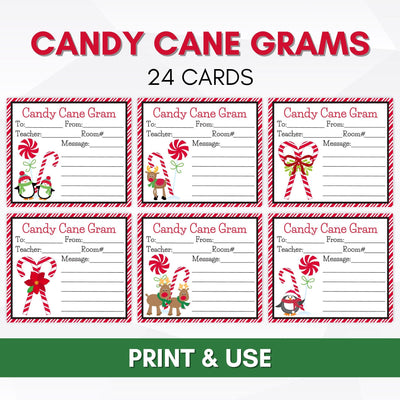example of 6 of the 24 candy gram tags that are included in this printable fundraiser or morale booster sheet for schools