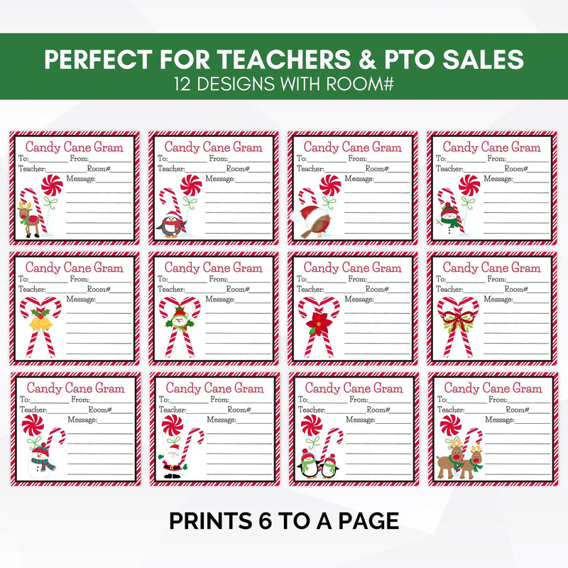 printable candy cane grams on page with 12 unique designs that include to, from teacher name, room number and personal message for school fundraising