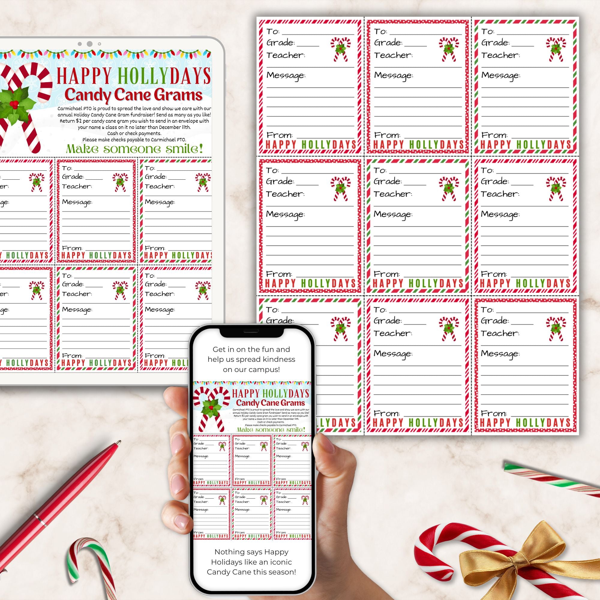 Set of candy cane-themed candy gram flyer templates with a smartphone displaying one of the templates, on a light surface with a pen and candy canes.