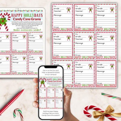 Set of candy cane-themed candy gram flyer templates with a smartphone displaying one of the templates, on a light surface with a pen and candy canes.
