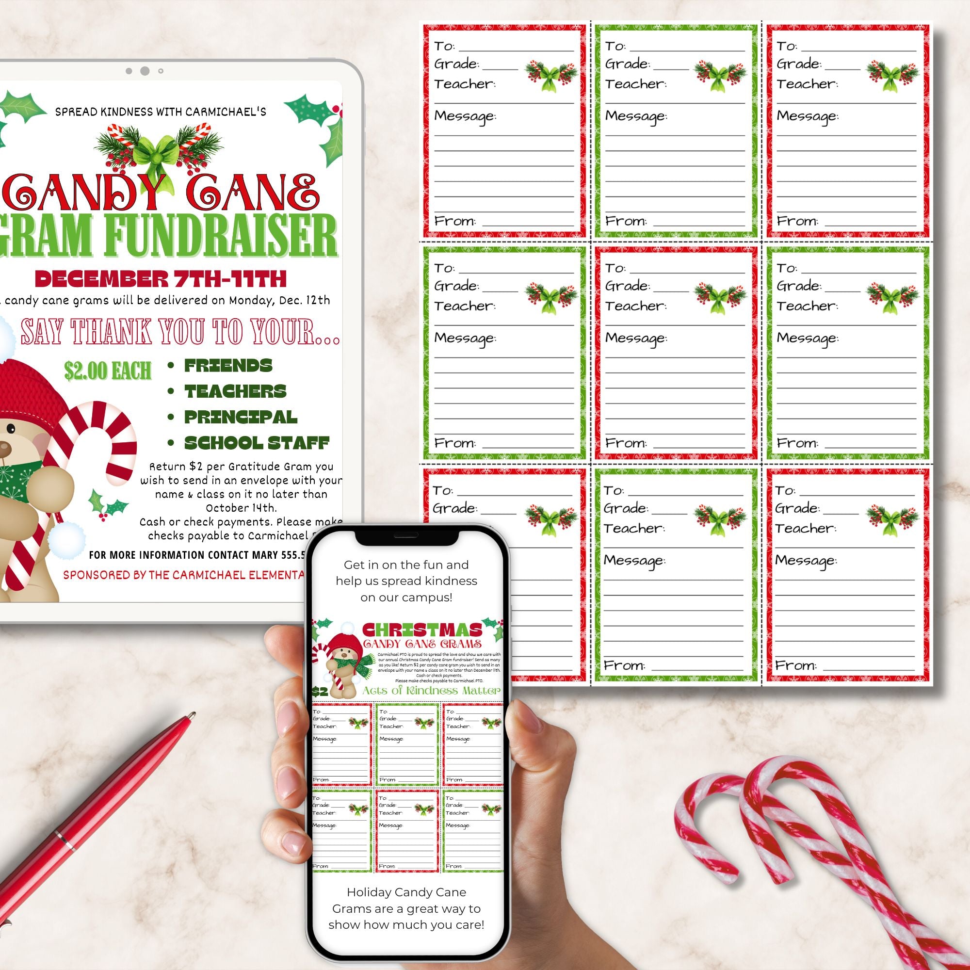 Candy Cane Gram Fundraiser flyer, smartphone with digital version, and candy canes on a light background