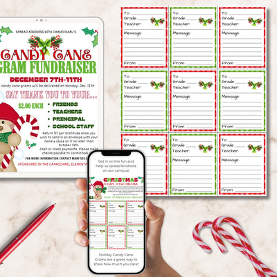 Candy Cane Gram Fundraiser flyer, smartphone with digital version, and candy canes on a light background