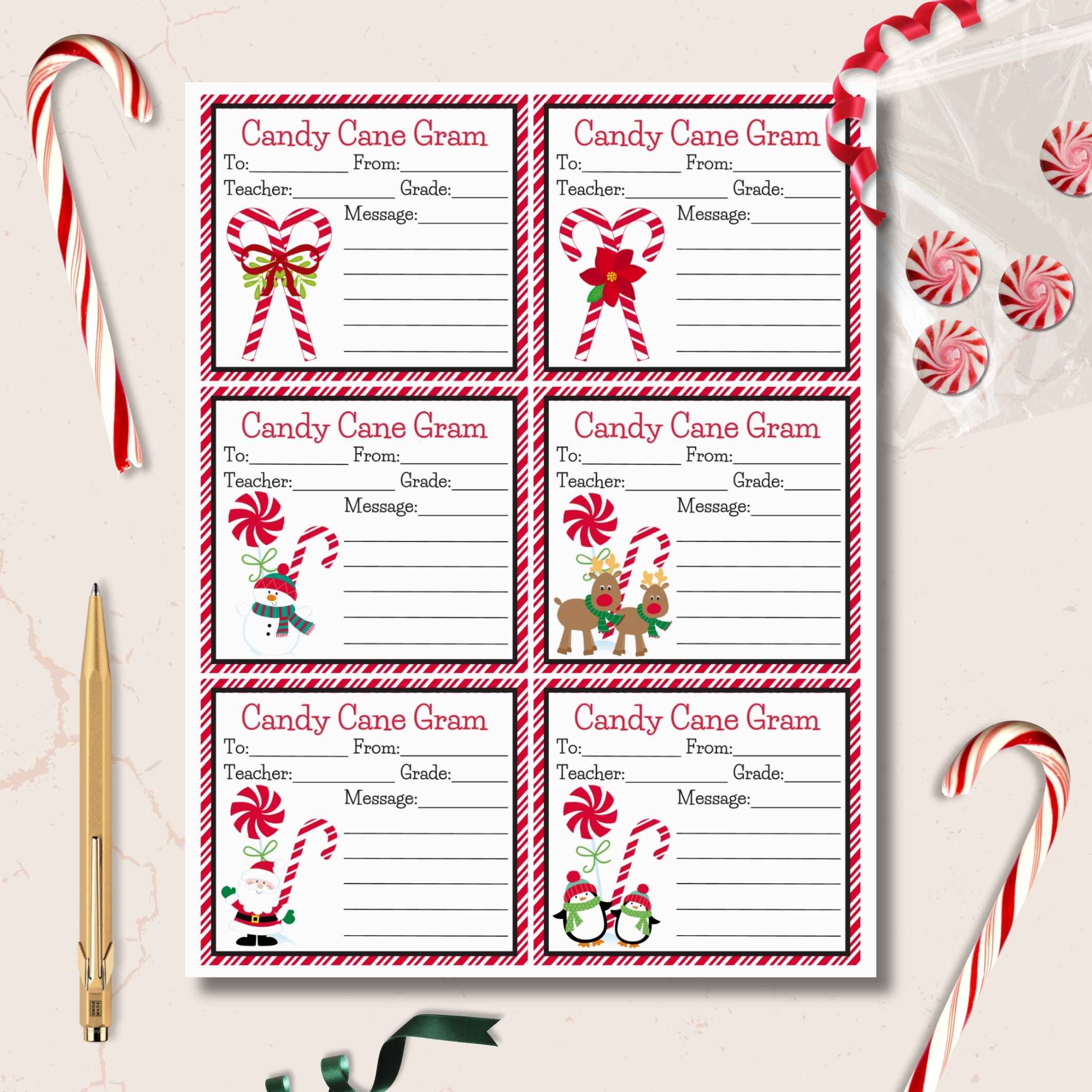 Sheet of printed Candy Cane Grams with Christmas-themed peppermints and ribbon on a marble surface.