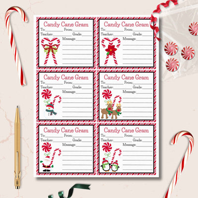 Sheet of printed Candy Cane Grams with Christmas-themed peppermints and ribbon on a marble surface.