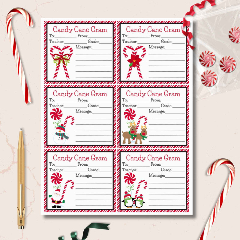 Sheet of printed Candy Cane Grams with Christmas-themed peppermints and ribbon on a marble surface.