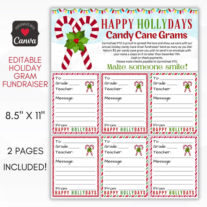 printed candy cane gram fundraiser flyer send home sheet with 6 cut out candy grams for pre ordering at school fundraising event for winter or December morale booster.