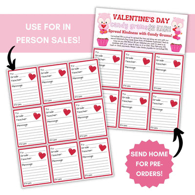 Valentine's Day candy gram templates with pink border and heart designs.