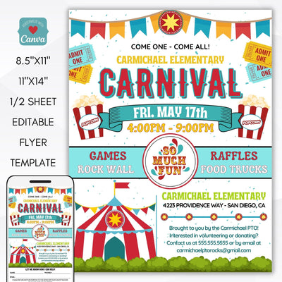 school carnival circus themed fundraiser event flyer set PTO/PTA/PTC, church, community invitation