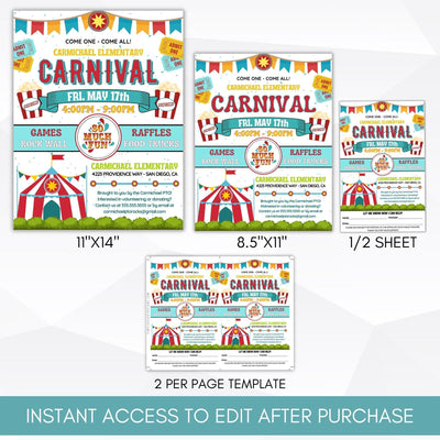 school pto church community center summer spring fall carnival circus themed flyer set