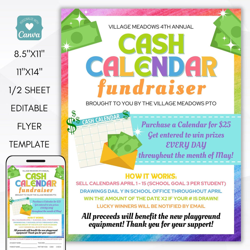 cash calendar fundraiser flyer editable template school pto pta booster club athletics editable template