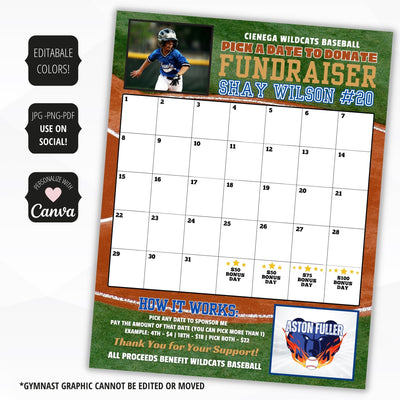 fully editable calendar fundraiser template for baseball with space for pictures