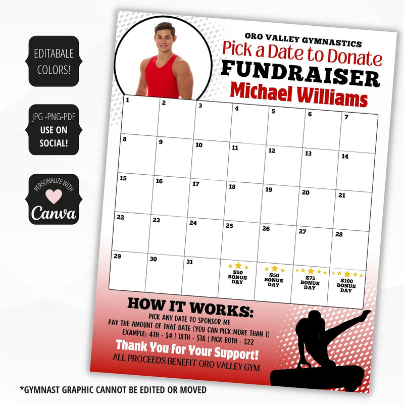 personalized cash calendar fundraiser for male gymnast