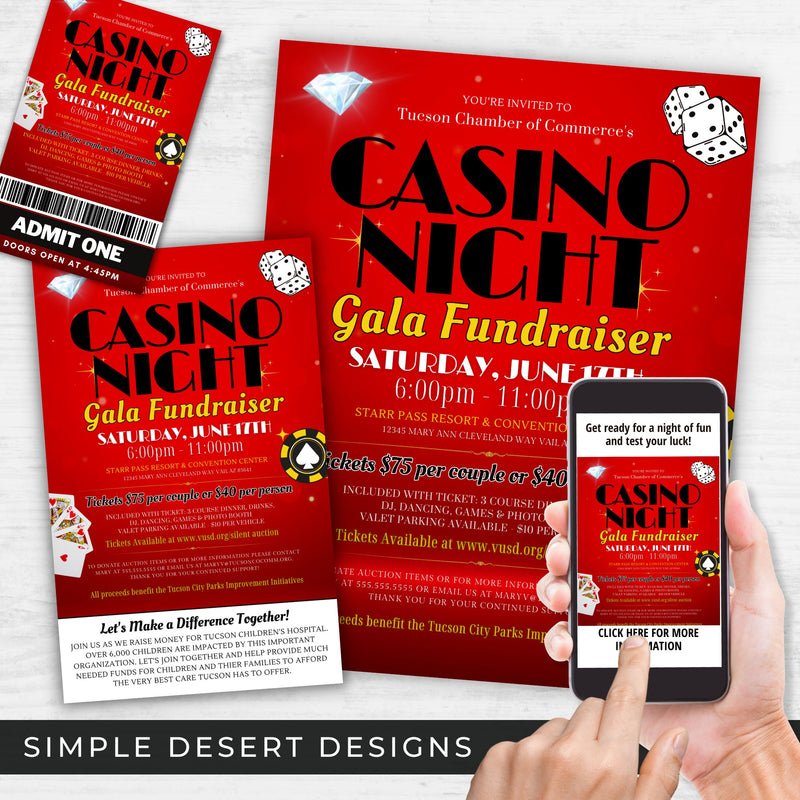 all in one casino night fundraiser flyer and ticket template bundle with pre-order form