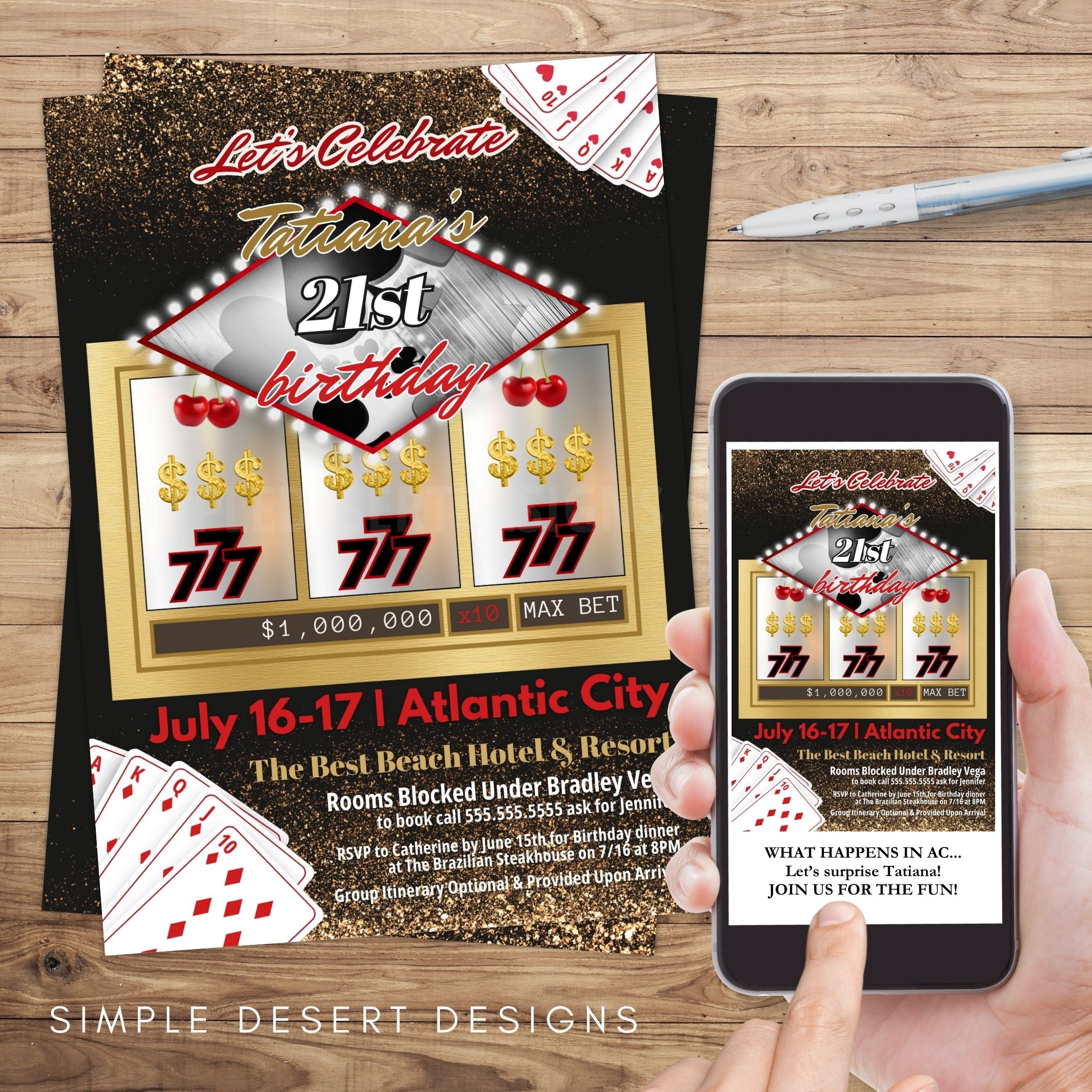 elegant casino party theme invitation in digital and printed invite