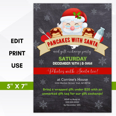 chalkboard pancakes with santa holiday party invite