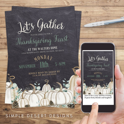 custom farmhouse chalkboard theme fall pumpkins and grourds with pinecones party invitations