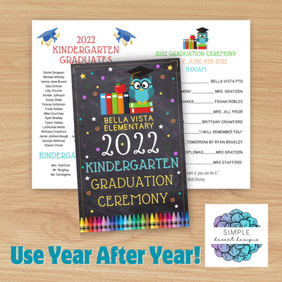 customizable and reusable chalkboard theme graduation ceremony printable program for preschool kindergarten or classroom grad ceremony