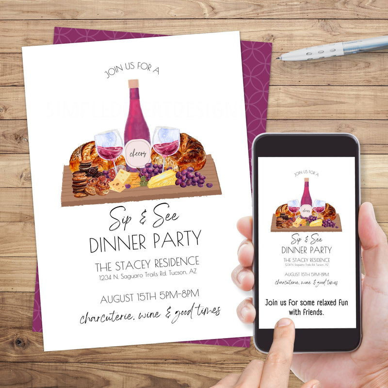 modern charcuterie dinner party invitation for sip and see or any wine and cheese party