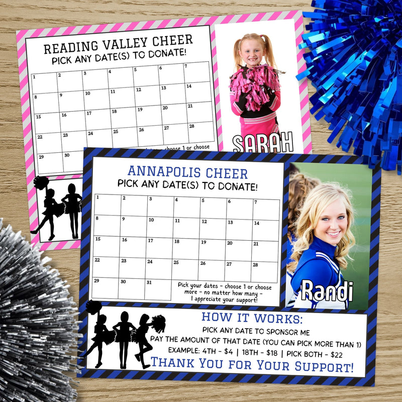 Two fundraising posters for Reading Valley Cheer and Annapolis Cheer with photos of participants and donation calendars displaying options for changing colors in fundraiser template.