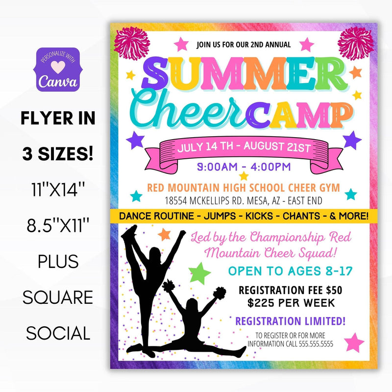 cheerleading camp flyer set, girls cheer pons dance team summer camp, marketing invite, middle high school teen printable editable template