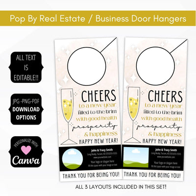 January Happy New Year Cheers pop by door hanger tags