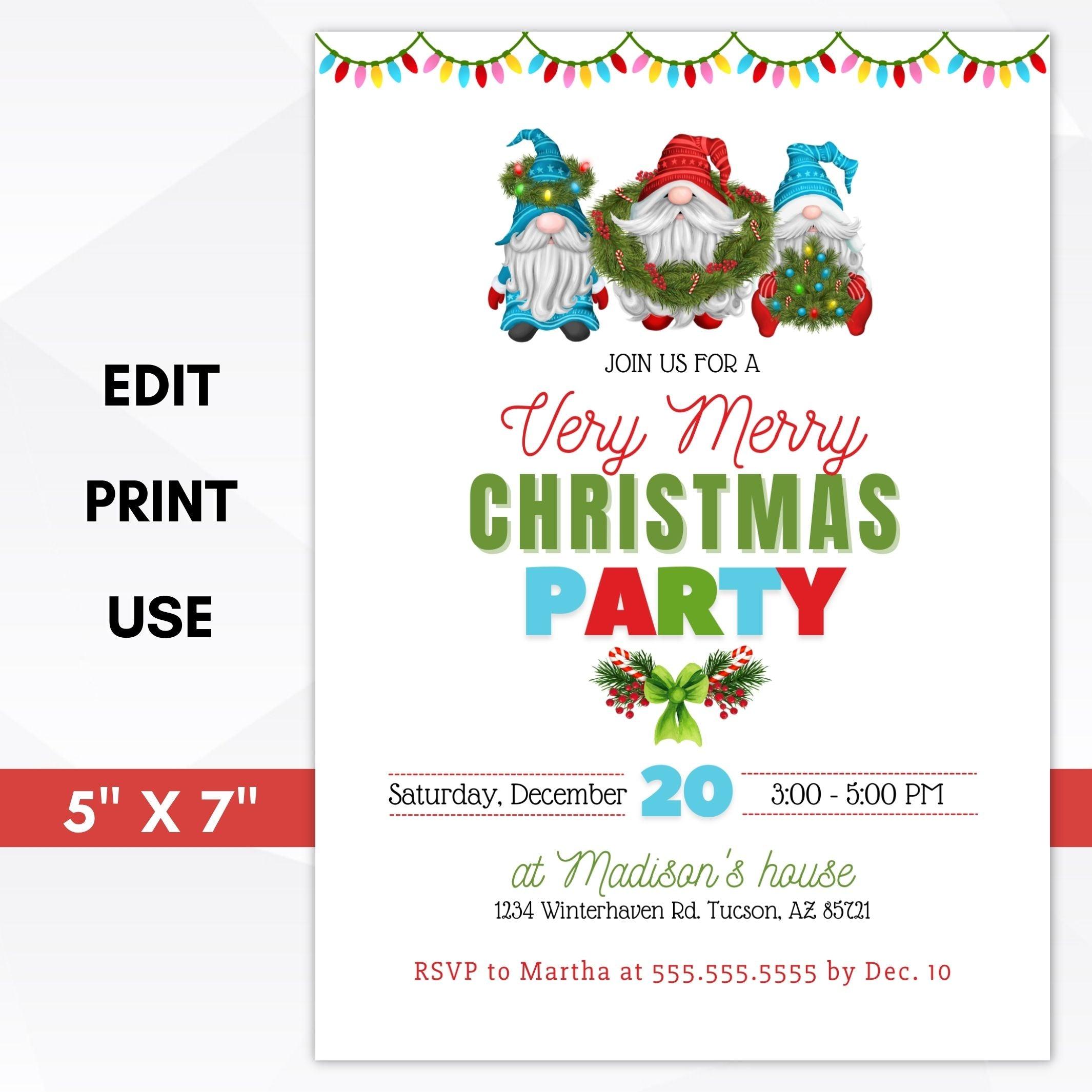 gnome christmas party invitation editable