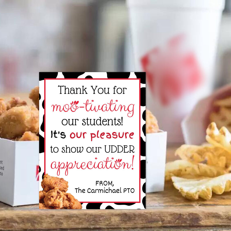 cow pattern chicken theme appreciation gift tags on wood surface with chicken nuggets and waffle fries in cow patter with our pleasure showing our udder appreciation message personalized from pto.
