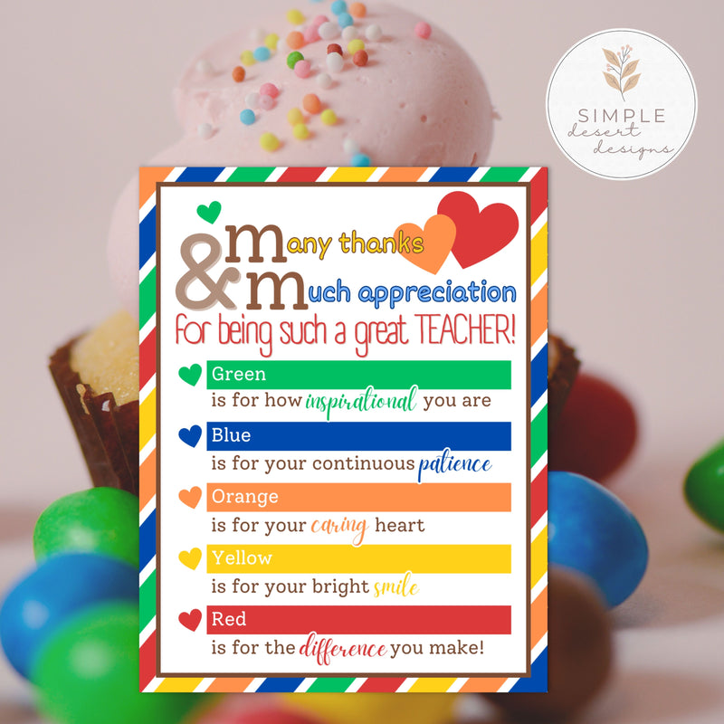 fun chocolate candy appreciation tags reads many thanks & much appreciation for being such a great teacher. Editable and printable.