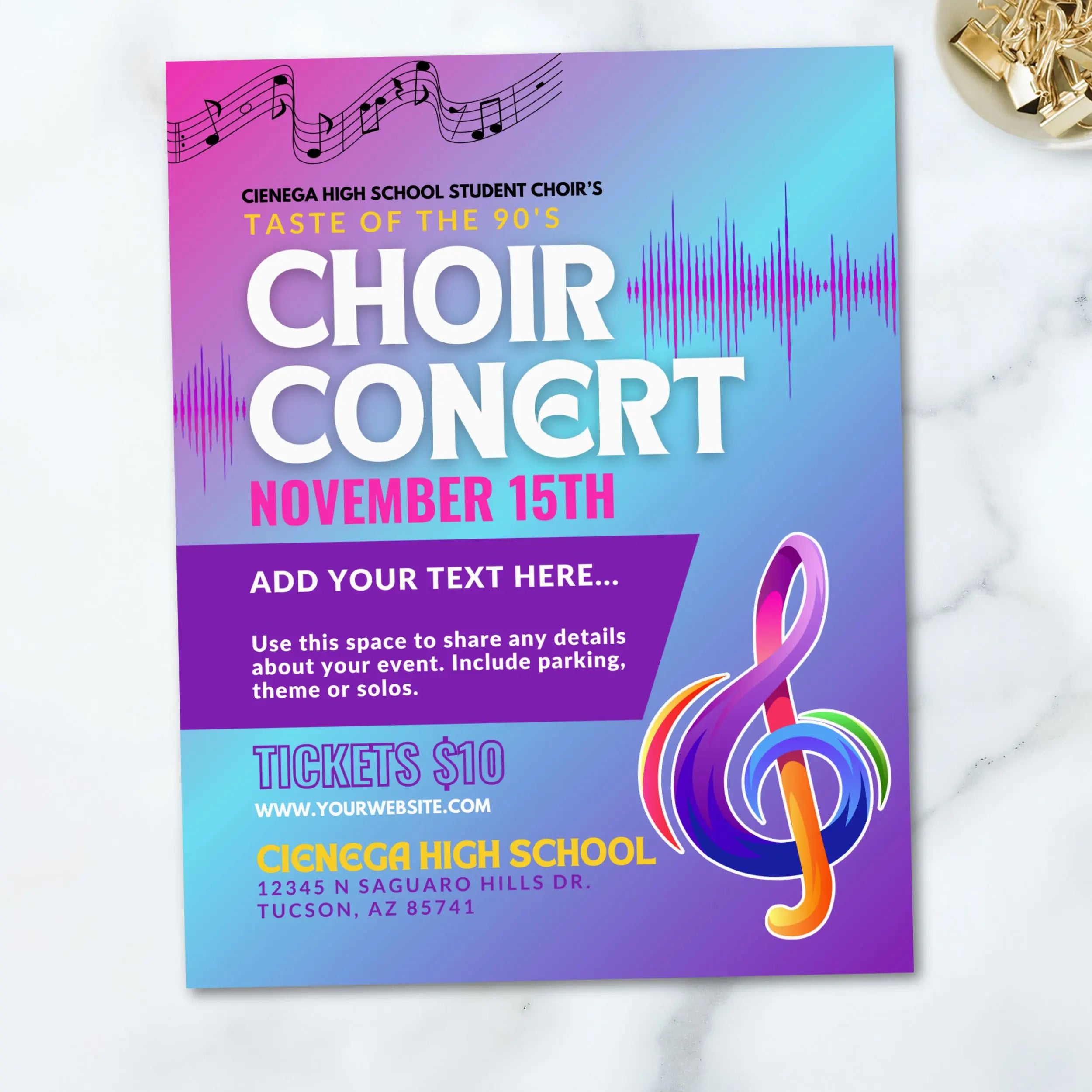 Colorful flyer for a choir concert with musical elements on a white marble surface.