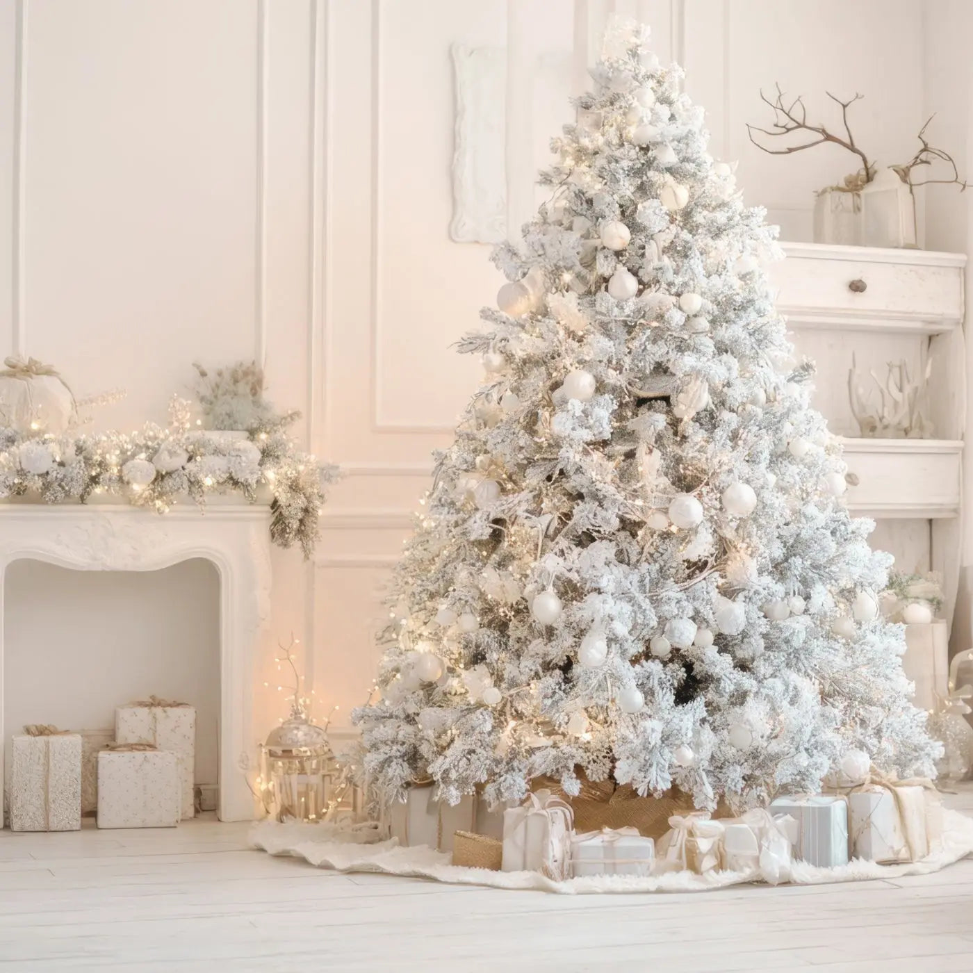 Frosted Christmas tree decorated with lights and ornaments in a festive room representing editable Christmas templates and printables designed by Simple Desert Deisgns.