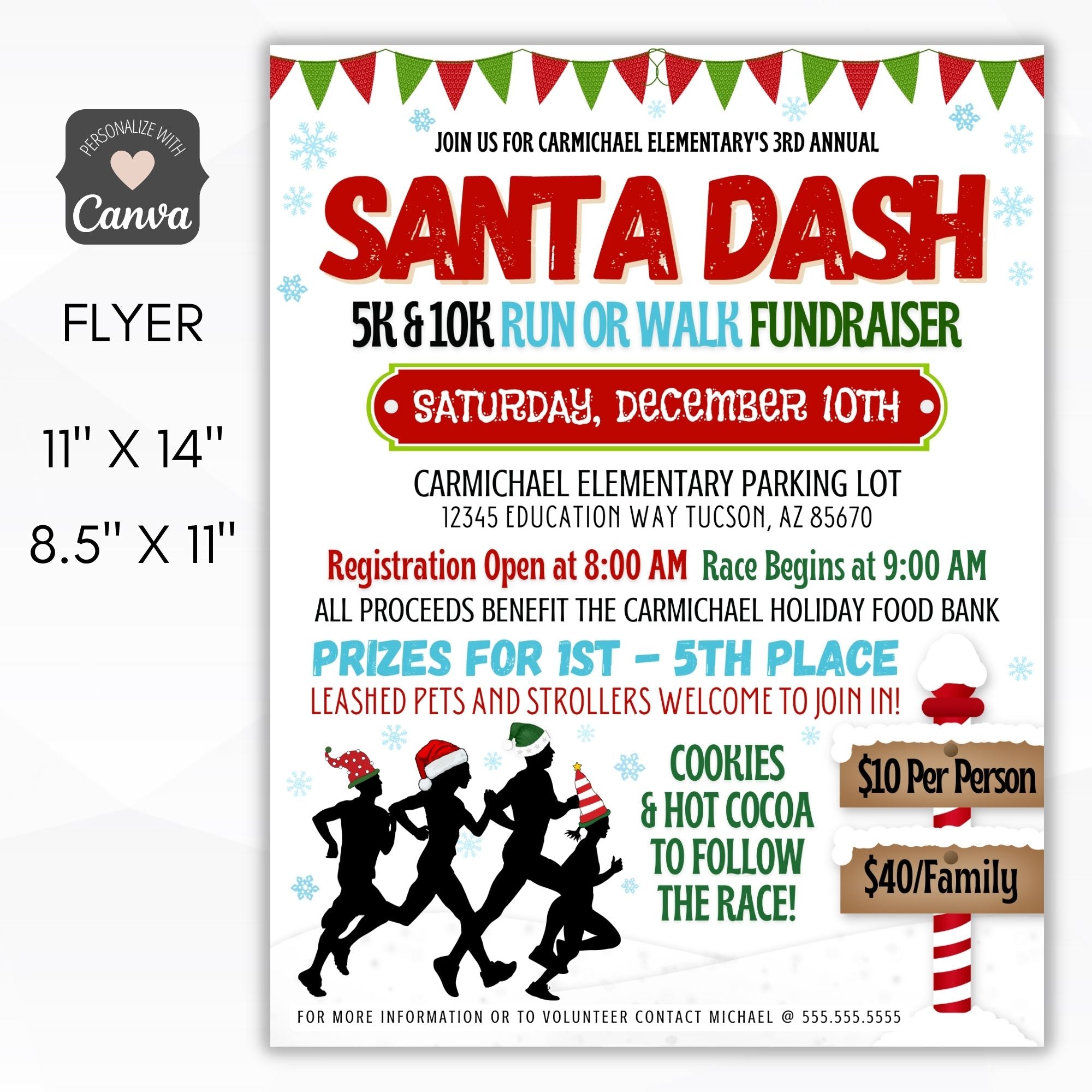 Santa Dash flyer for Carmichael Elementary's 3rd Annual event with details and graphics.