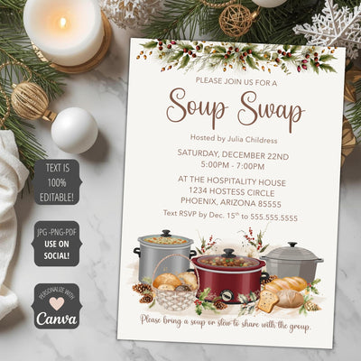 Invitation card for a Soup Swap event with festive elements on a marble surface.