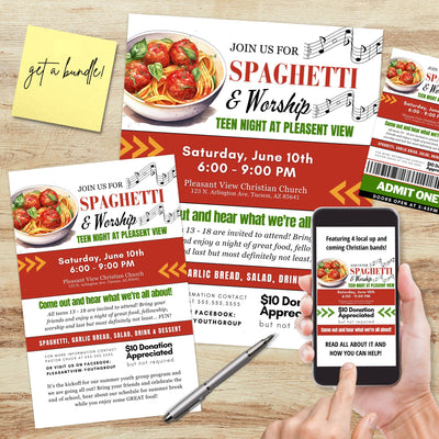 spaghetti flyers and tickets for christian church fundraiser idea with spaghetti and worship music