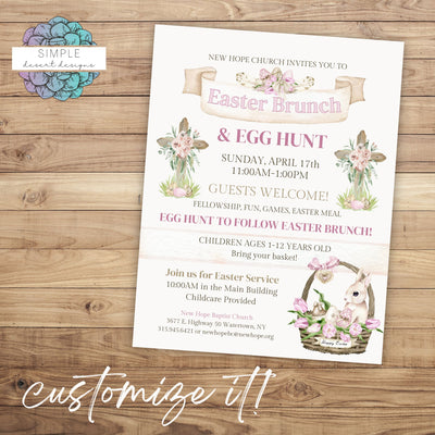 wooden cross with vintage floral easter brunch invitation for church service and egg hunt