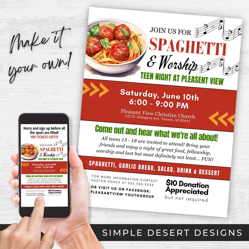 customizable spaghetti dinner flyer for church or youth group fundraiser with worship music