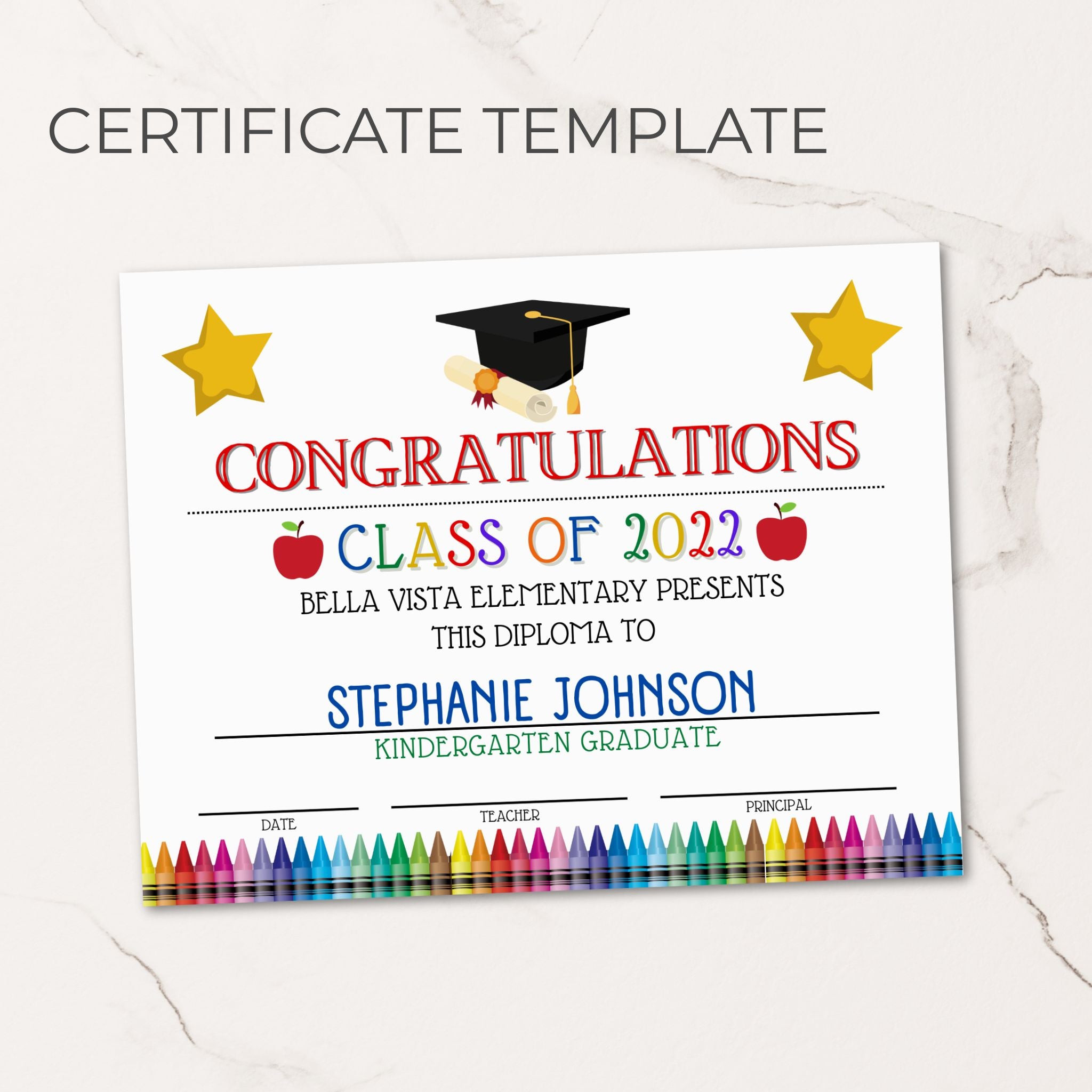 Graduation certificate template with customizable year, school, name and text, with colorful crayons on a white background.