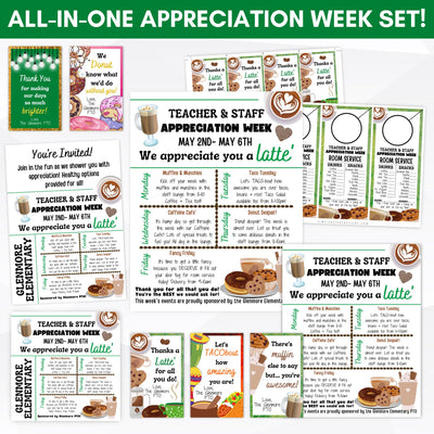 all in one bundle of coffe latte themed appreciation week event flyers, invitations, favor tags, vip door hangers, and more