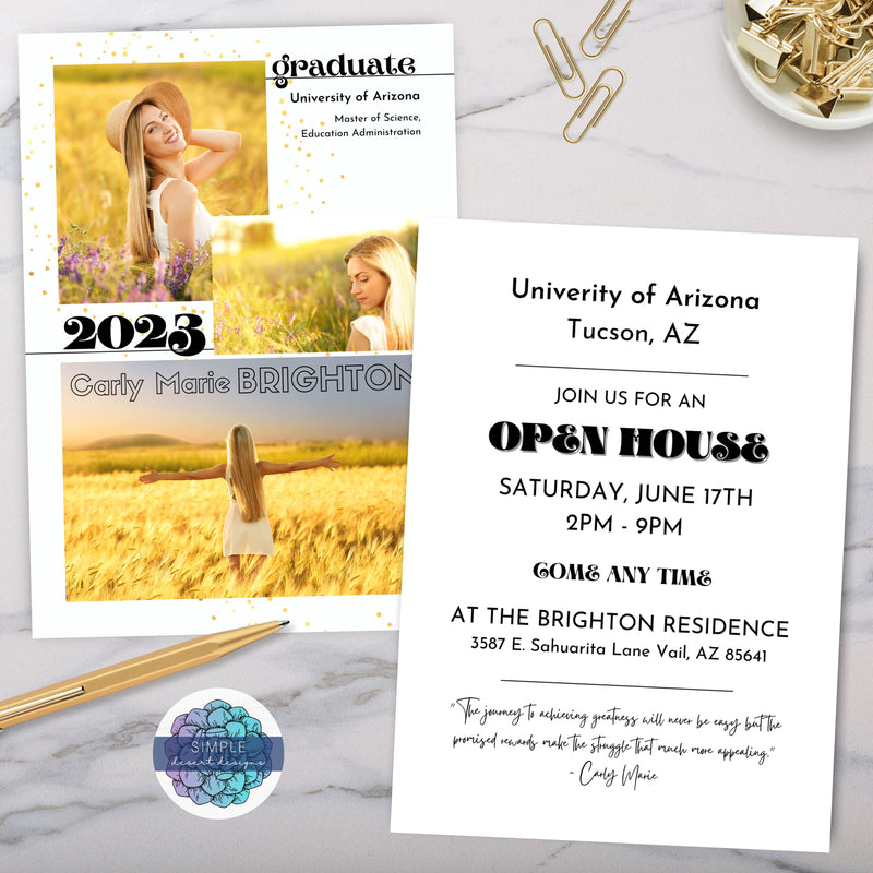 modern retro 3 photo collage college graduation announcement and open house invitation